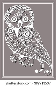 Patterned owl in floral style. Suitable for invitation, flyer, sticker, poster, banner, card,label, cover, web. Vector illustration.