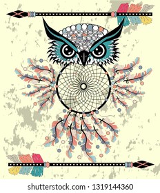Patterned owl on the grunge background. African indian totem tattoo design.