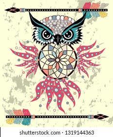 Patterned owl on the grunge background. African indian totem tattoo design.