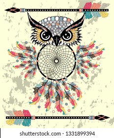 Patterned owl on the grunge background. African indian totem tattoo design