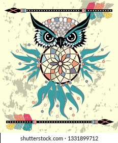 Patterned owl on the grunge background. African indian totem tattoo design