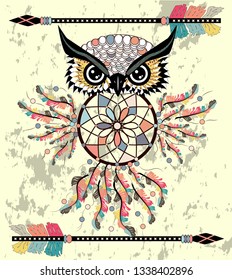 Patterned owl on the grunge background. African indian totem tattoo design