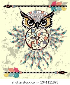 Patterned owl on the grunge background. African indian totem tattoo design