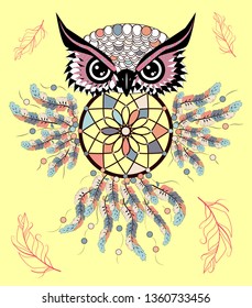 Patterned owl on the grunge background. African indian totem tattoo design