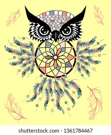 Patterned owl on the grunge background. African indian totem tattoo design