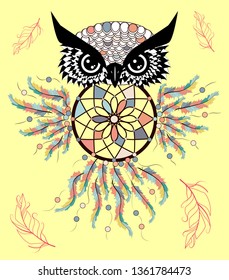 Patterned owl on the grunge background. African indian totem tattoo design