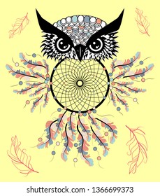 Patterned owl on the grunge background. African indian totem tattoo design