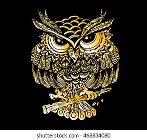 Patterned owl on the grunge background. African / indian / totem / tattoo design. It may be used for design of a t-shirt, bag, postcard, a poster