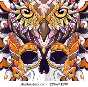 Patterned owl and skull. Bird. African, indian, totem, tattoo design. It may be used for design of a t-shirt, bag, postcard, a poster and so on.  