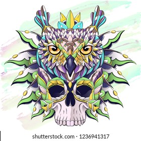 Patterned owl and skull on the grunge background. Bird. Tattoo design. It may be used for design of a t-shirt, bag, postcard, a poster and so on.  