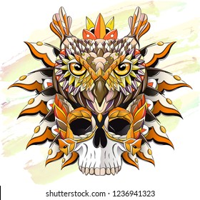 Patterned owl and skull on the grunge background. Bird. Tattoo design. It may be used for design of a t-shirt, bag, postcard, a poster and so on.  