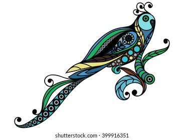 Patterned parrot in floral style. Suitable for invitation, flyer, sticker, poster, banner, card,label, cover, web. Vector illustration.