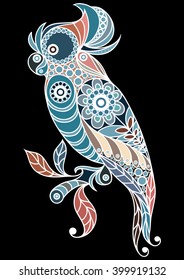 Patterned parrot in floral style. Suitable for invitation, flyer, sticker, poster, banner, card,label, cover, web. Vector illustration.
