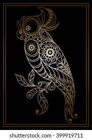 Patterned parrot in floral style. Suitable for invitation, flyer, sticker, poster, banner, card,label, cover, web. Vector illustration.