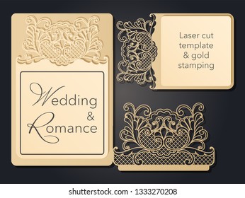 Patterned pattern for laser cutting. Openwork layout of a festive envelope, a card for your text, a label, a note in flowers. Wedding, romantic party, date, gift, package for congratulations.