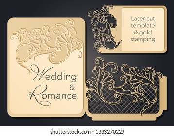 Patterned pattern for laser cutting. Openwork layout of a festive envelope, a card for your text, a label, a note in flowers. Wedding, romantic party, date, gift, package for congratulations.