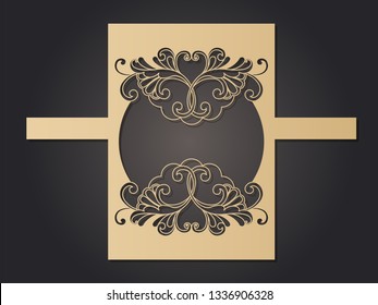 Patterned pattern for laser cutting. Openwork layout of a festive envelope, a card for your text, a label, a note in flowers. Wedding, romantic party, date, gift, package for congratulations.