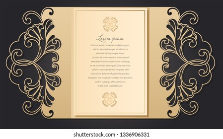 Patterned pattern for laser cutting. Openwork layout of a festive envelope, a card for your text, a label, a note in flowers. Wedding, romantic party, date, gift, package for congratulations.