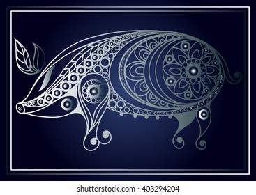 Patterned pig in floral style. Suitable for invitation, flyer, sticker, poster, banner, card,label, cover, web. Vector illustration.