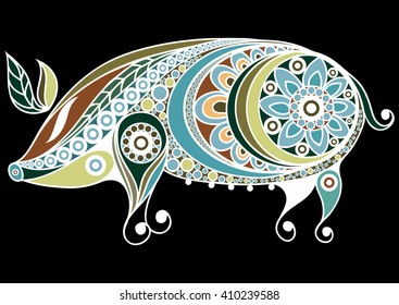 Patterned pig in floral style. Suitable for invitation, flyer, sticker, poster, banner, card,label, cover, web. Vector illustration.