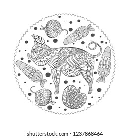 Patterned Pig and Veg with Snow made in Zentangle Style and Placed in Round Frame. Monochrome Vector Card. Chinese New Year Zodiac Sign. Vector Illustration for Poster, Holidays Card, Print Design.