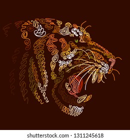Patterned portrait of a tiger on a brown background.