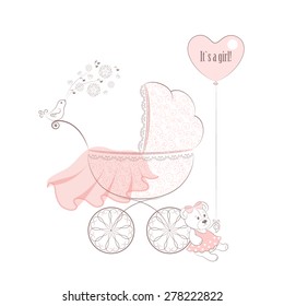 The patterned pram, singing bird, transparent pink veil, Teddy-bear in the dress with balloon. Vector background.
