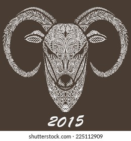 Patterned ram's head. Symbol of the new year. Christmas background. Vector illustration.