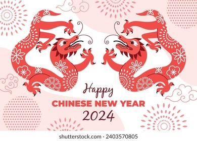 Patterned red dragons poster. Chinese new year symbols, traditional asian ornaments, decorative mythical animals and elements, vector card.eps
