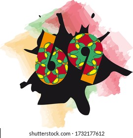 Patterned red, green, yellow number sixty-nine, Logo Design, template. Paint splashes, watercolor, blot
