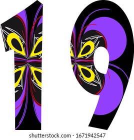 Patterned red yellow purple black number 19 Logo Design template