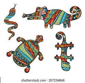 Patterned Reptiles. Silhouettes of turtle, snake, lizard and crocodile. Ornate animals with ethnic abstract pattern. Colorful tribal ornament in collection of various reptiles. Vector is grouped EPS8.