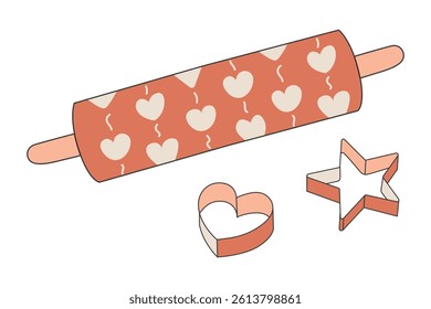 Patterned Rolling pin and cookie Cutter in shape of Heart and Star. Kitchen utensils for cooking sweets for Valentine Day. Textured wooden accessory for baker. Dough figures. Vector illustration.