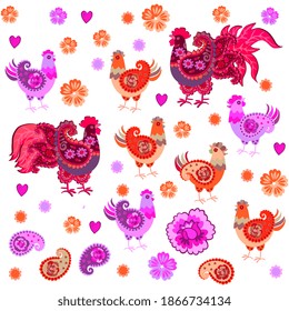 Patterned roosters, funny chickens, paisley, flowers and hearts isolated on a white background. Endless pattern.