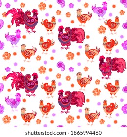 Patterned roosters and hens with wings in shape of paisley on white background. Seamless animals pattern. Home textile, wallpaper. Decorative illustration.