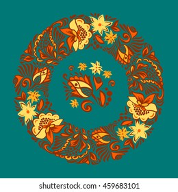 Patterned round borders. Floral ornament.Traditional Russian painting. Printing on fabric wrapping paper, textiles.5 color.Exquisite a border of sprigs of flowers, leaves, buds.