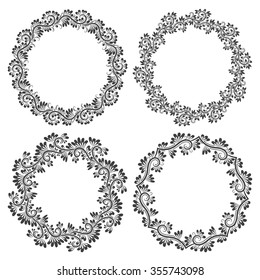 Patterned round frames for design in floral vintage style. Circular wreaths set.