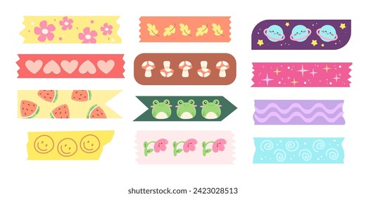 Patterned scotch tape, sticky tape, decoration for notebooks and scrapbooking. Vector illustration in cartoon kawaii style