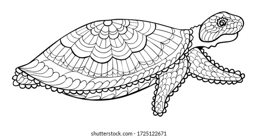 Patterned sea turtle in zentangle style. Isolated black and white doodle aquatic animal for book or coloring page, tattoo, mehendi, logo, print for t-shirt. Hand drawing. Vector.
