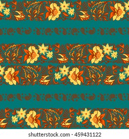 Patterned seamless borders. Traditional Russian painting. Printing on fabric wrapping paper, textiles.4 color. Floral ornament.Exquisite a border of sprigs of flowers, leaves, buds.