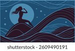 Patterned Seascape Pensive Mermaid Moonlight. A decorative seascape shows a mermaid with flowing hair sitting on rocks, gazing at a full moon over patterned waves.