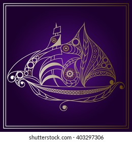 Patterned ship in floral style. Suitable for invitation, flyer, sticker, poster, banner, card,label, cover, web. Vector illustration.