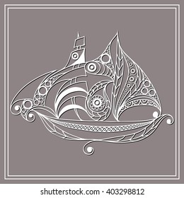 Patterned ship in floral style. Suitable for invitation, flyer, sticker, poster, banner, card,label, cover, web. Vector illustration.