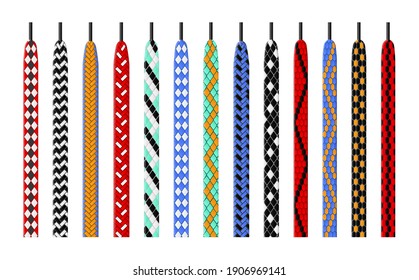 Patterned shoelace. Combined color options for tying shoes, ropes with bright colorful patterns, variegated weaves lacing, footwear textile binding elements. Kids accessories for boots vector isolated set