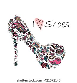 Patterned shoes. Batik, doodle, zentangle design. It may be used for shirt, bag, postcard and poster. 