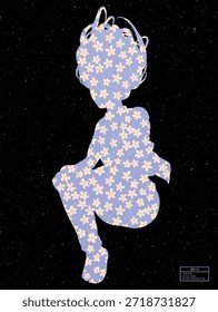 Silueta estampada de mujer solitaria. Patrón con pequeñas flores de primavera