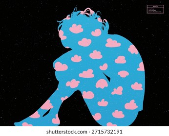 Patterned silhouette of sitting man. Abstract cartoon clouds on blue