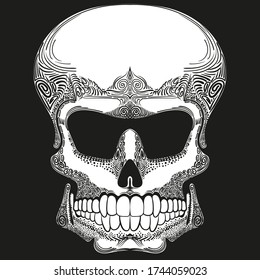 Patterned skull. Black and white drawing. Black background. Avatar