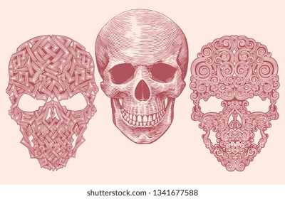 Patterned Skull. Design set. Hand drawn engraving. Editable vector vintage illustration. Isolated on light background. 8 EPS 