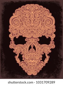 Patterned Skull. Hand drawn engraving. Vector vintage illustration. Isolated on black background. 8 EPS